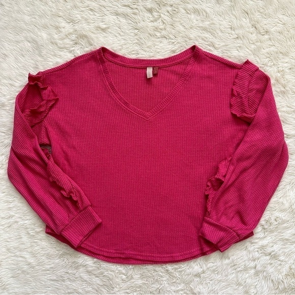 Anthropologie Pilcro Top Ruffled V-Neck Shirt Waffle Knit Raspberry Pink L - Picture 3 of 12